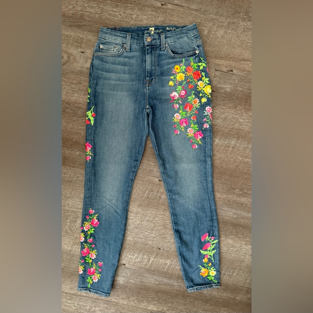 7 For All Mankind High Waisted Skinny Jeans with Floral Embroidery